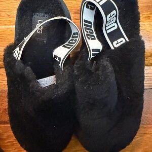 UGG Black Furry Slippers with Branded Strap